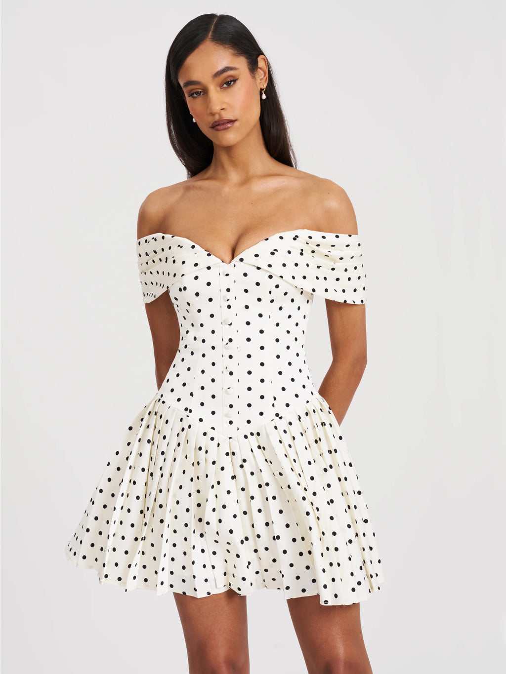Edeline Polka Dot Off shoulder Pleated Mini Dress