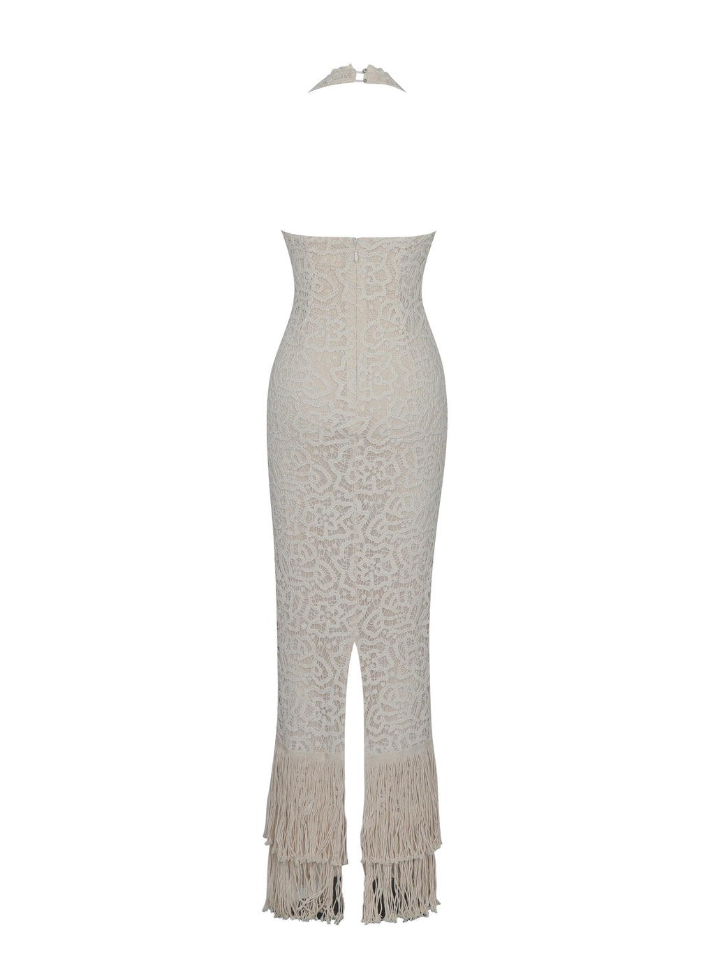 Faelyn Off White Double Fringe Crochet Halter Maxi Dress