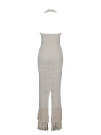 Faelyn Off White Double Fringe Crochet Halter Maxi Dress