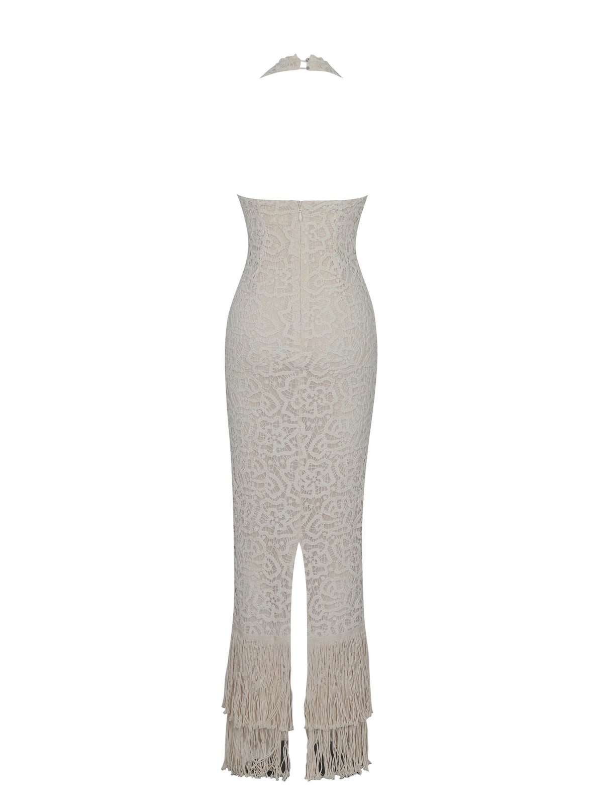 Faelyn Off White Double Fringe Crochet Halter Maxi Dress