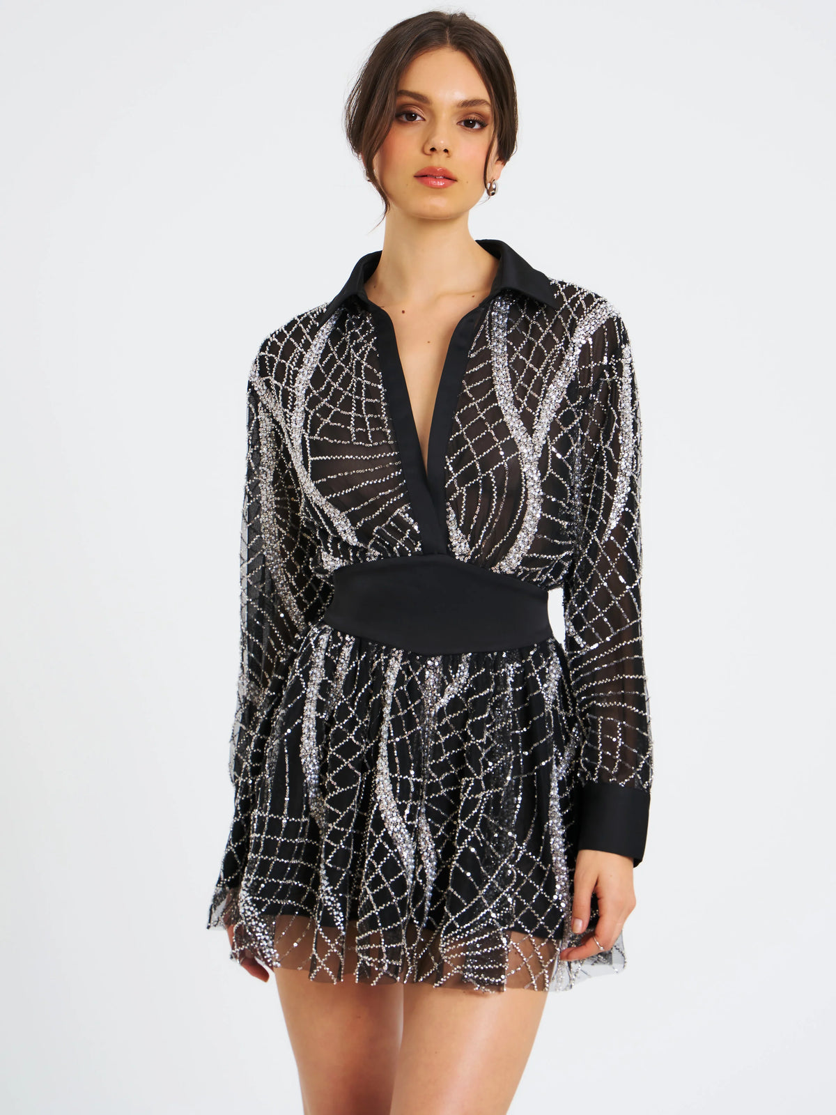 Rachelle Black Embroidered Mesh Mini Shirt Dress Archive Sale