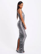 Abril Ruched Silver Glitter Backless Gown