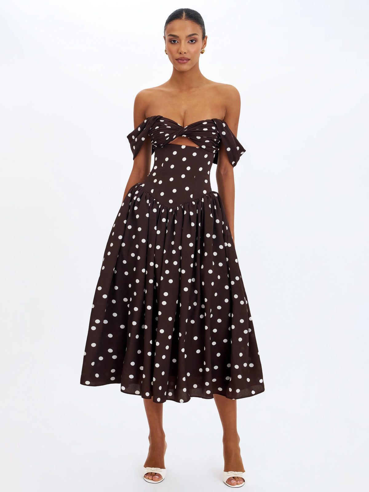 Xandie Mocha Polka Dot Off Shoulder Midi Dress