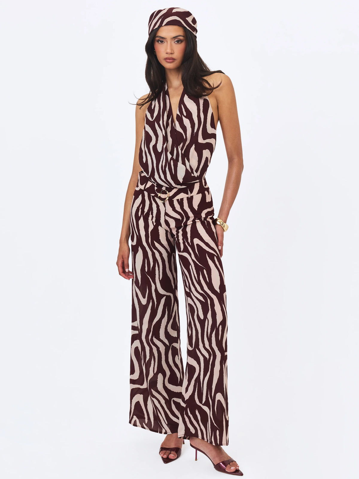 Ashlyn Burgundy Beige Abstract Zebra Print Belted Halter Jumpsuit
