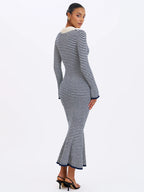 Xelie Navy White Cotton Terry Knit Mermaid Maxi Dress