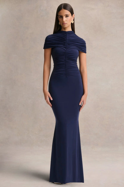 Azaria Navy High Neck Maxi Dress With Ruched Detailing