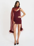 Tori Wine Red Pleated Mini Dress with Chiffon Scarf