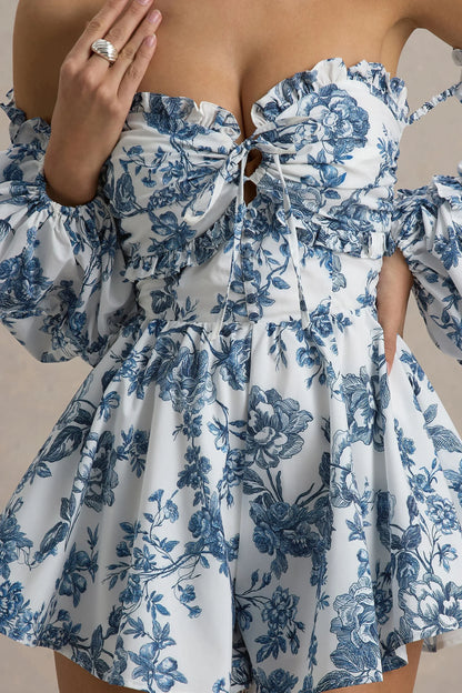 Ithaca Blue Porcelain Print Bardot Ruffled Playsuit
