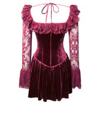 Yachira Burgundy Velvet Lace Flare Sleeve Mini Dress