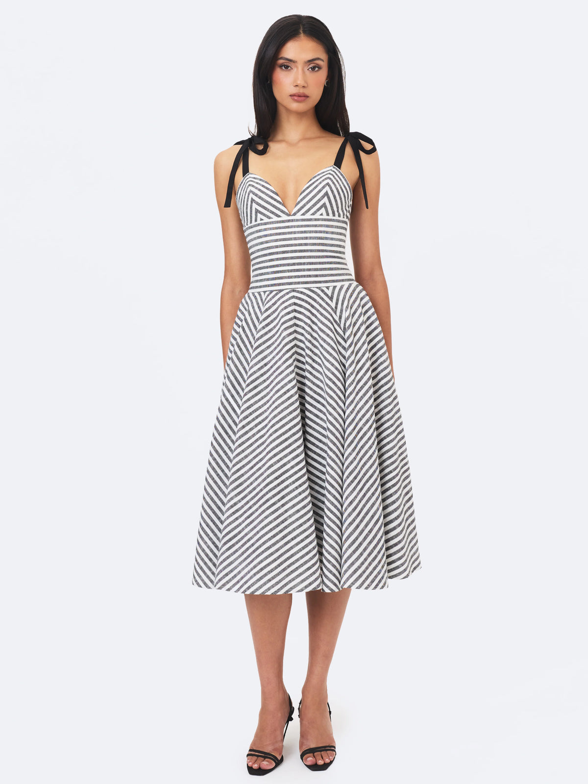 Riley Black White Striped Linen Flared Midi Dress