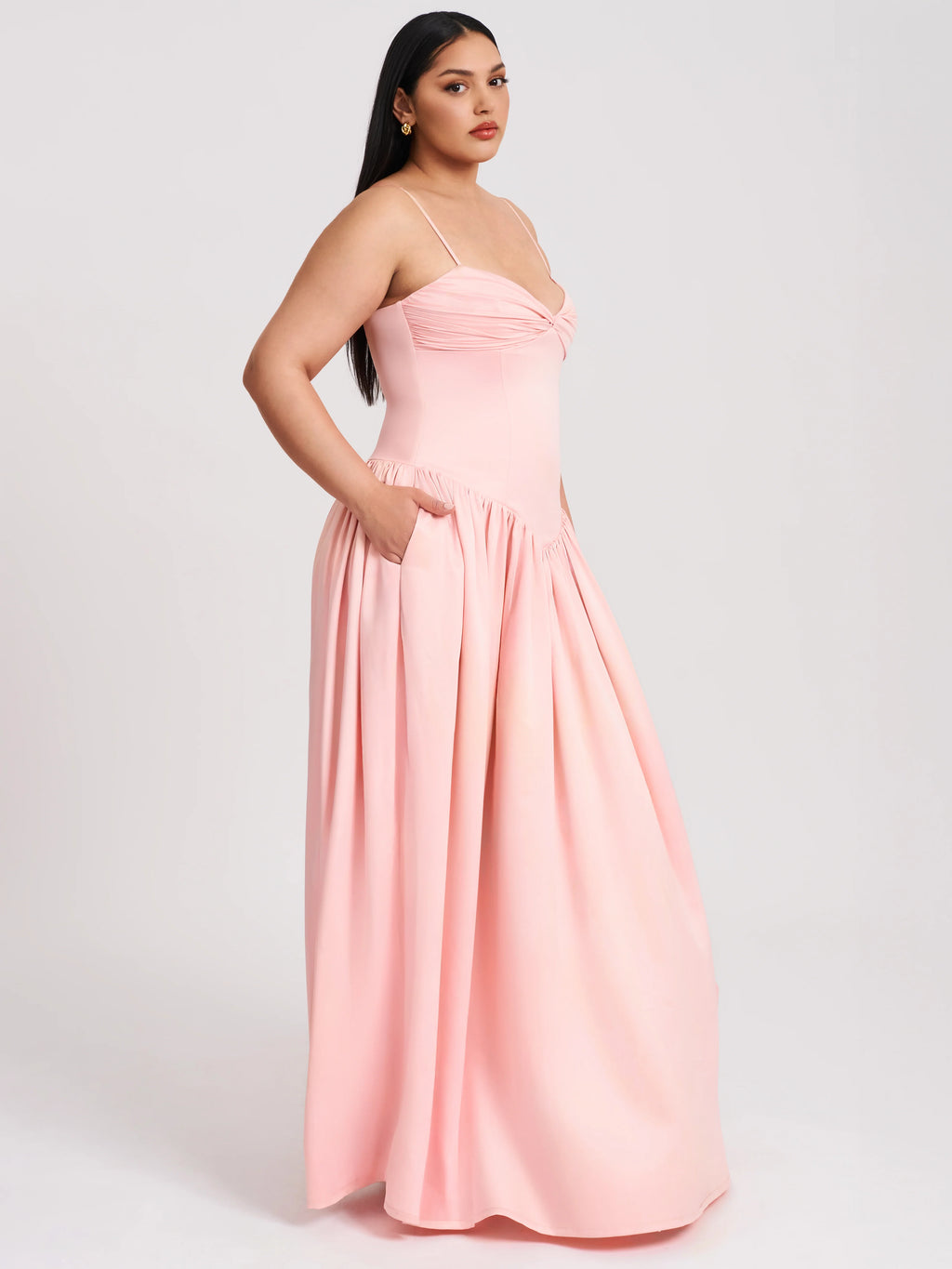 Najwa Baby Pink Ruched Breast Drop Waist Maxi Dress