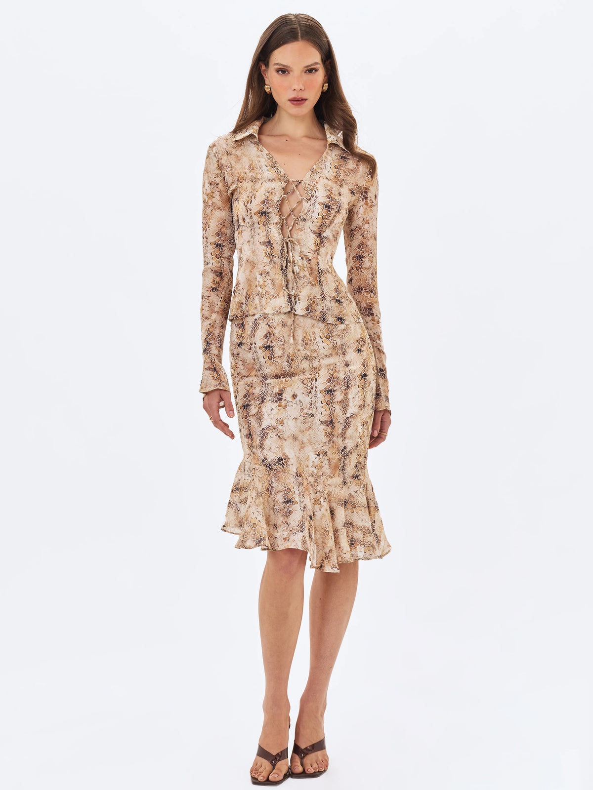 Umarah Tan Reptile Print Asymmetrical Ruffled Skirt