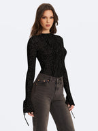 Ibera Black Animal Print Burnout Velvet Long Sleeve Bodysuit