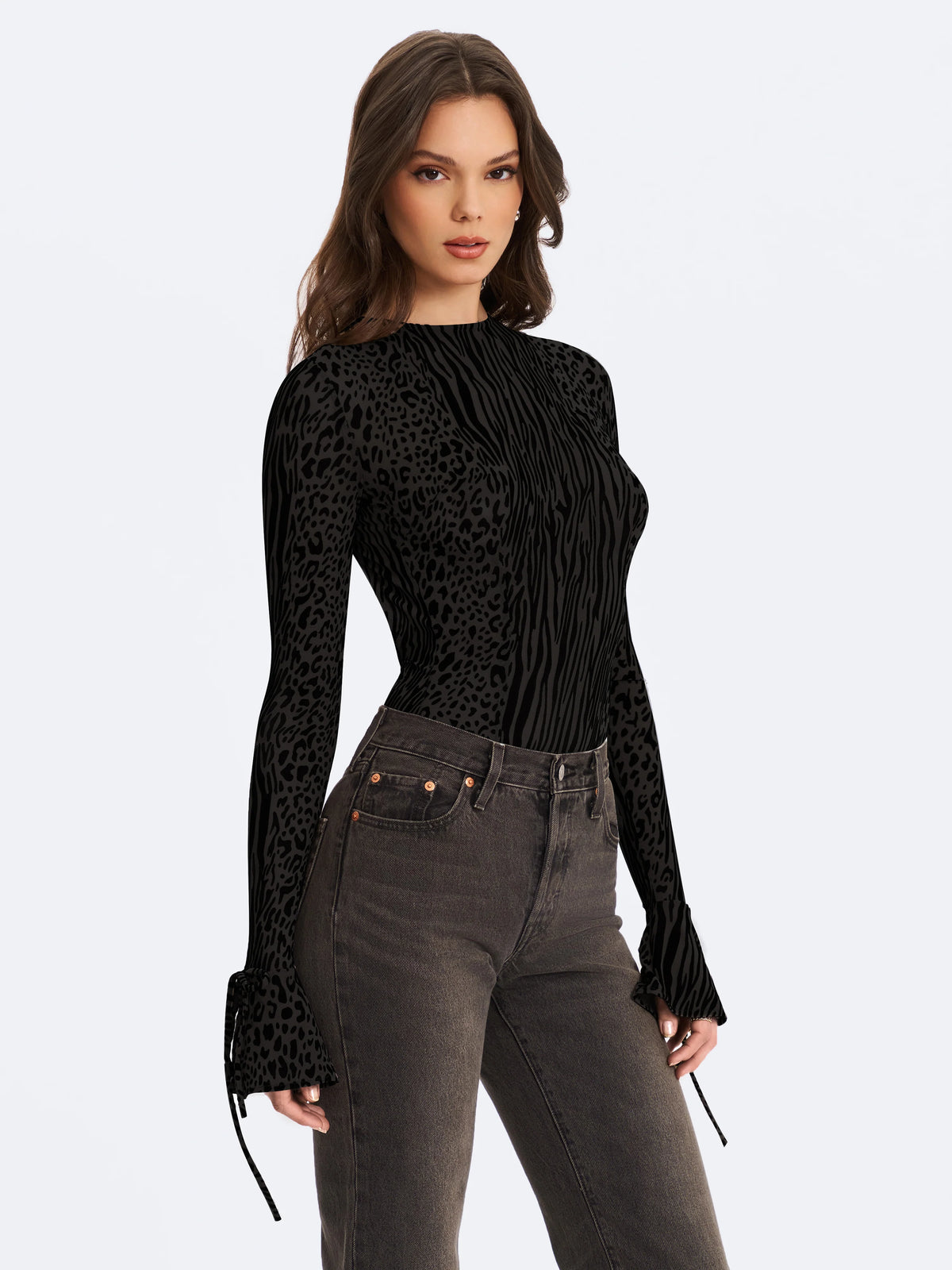 Ibera Black Animal Print Burnout Velvet Long Sleeve Bodysuit