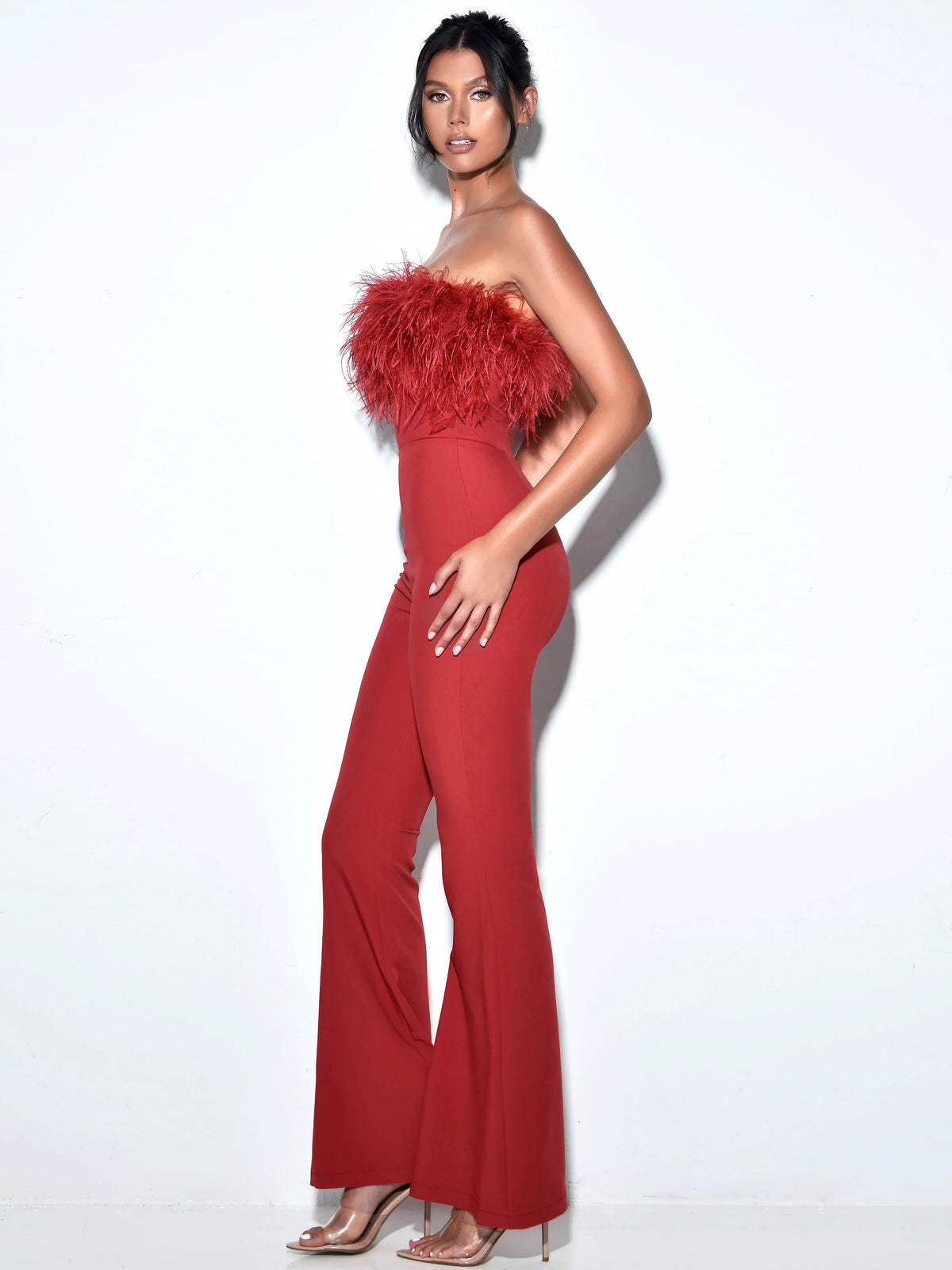 Kylan Burgundy Feather Jumpsuit Archive Sale