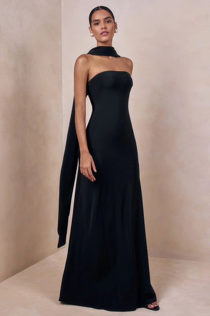 Charly Black Matte Satin Bandeau Maxi Dress With Scarf Detail