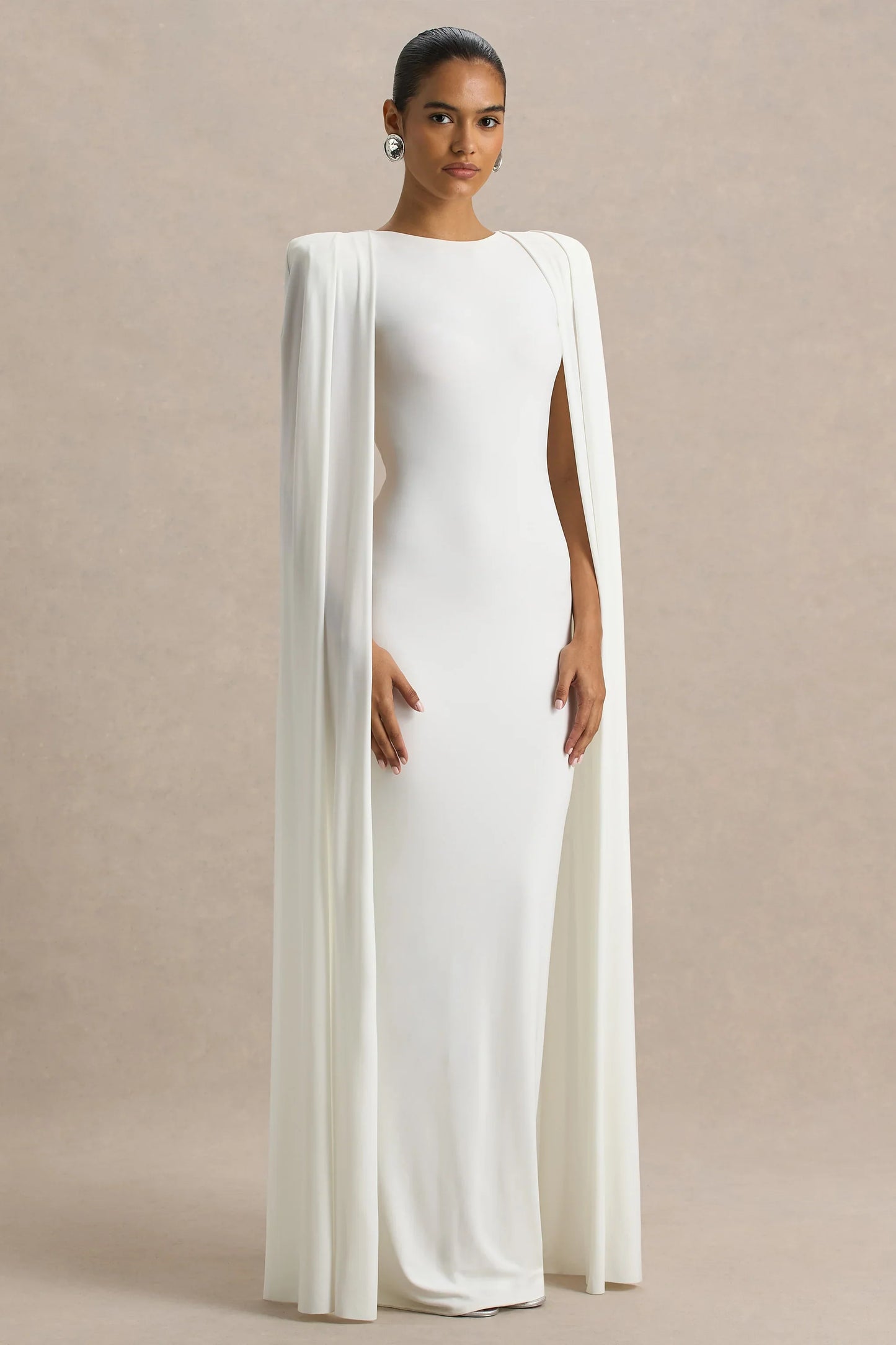 Mimi White Slashed Neck Maxi Dress With Cape Sleeve Detail