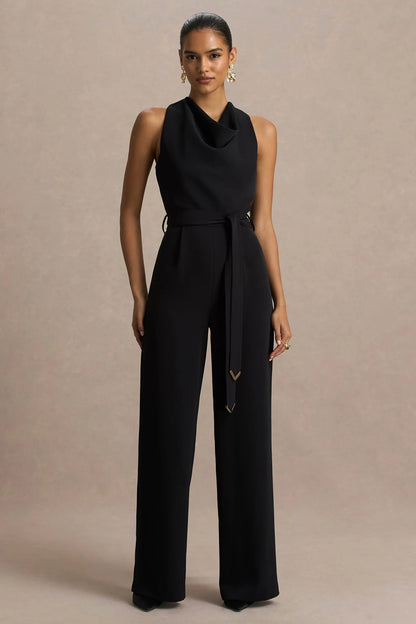 Corina Black Cowl Neck Jumpsuit With Tie Detail