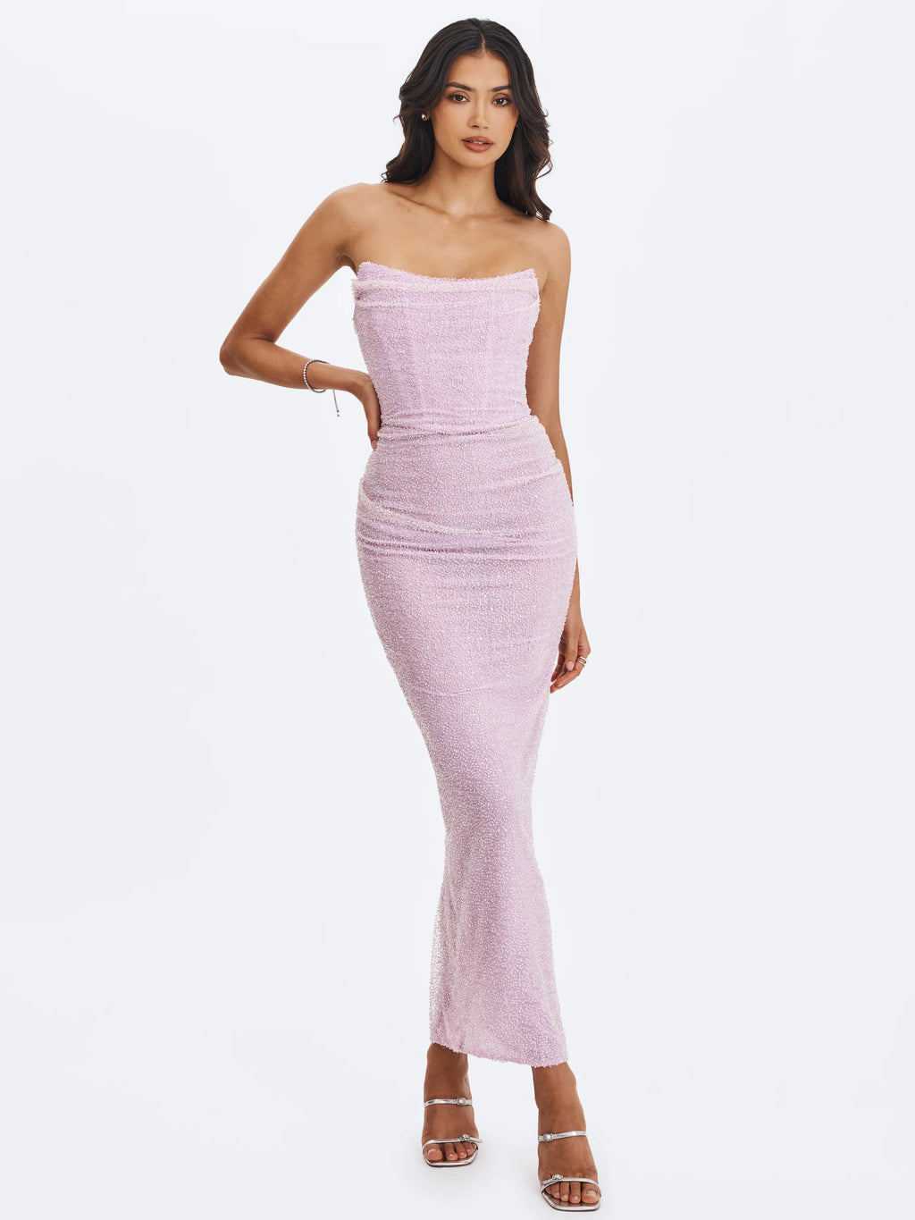 Raylee Lilac Beaded Mesh Strapless Sheath Maxi Dress