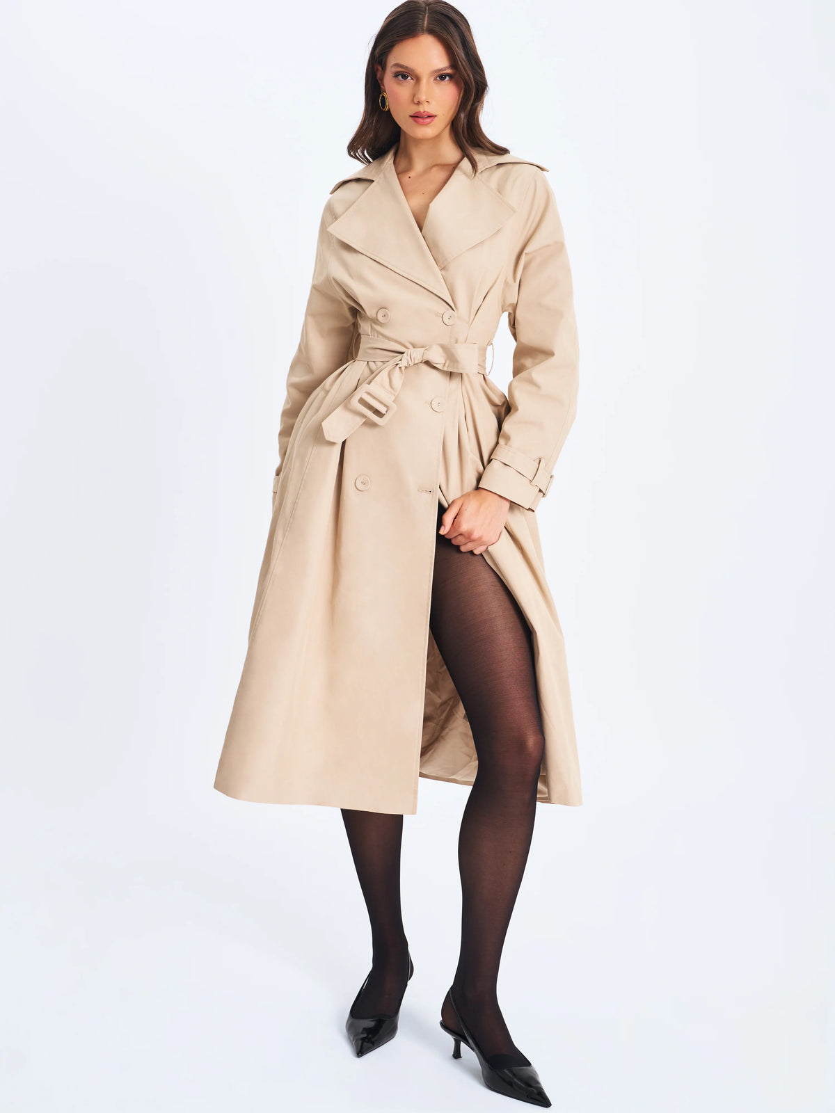 Ulila Beige Double Breasted Pleated Cotton Blend Trench Coat