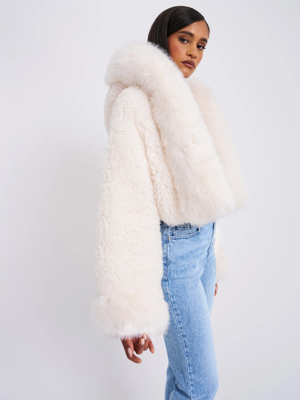 Kali White Cropped Vegan Shearling Fur Jacket