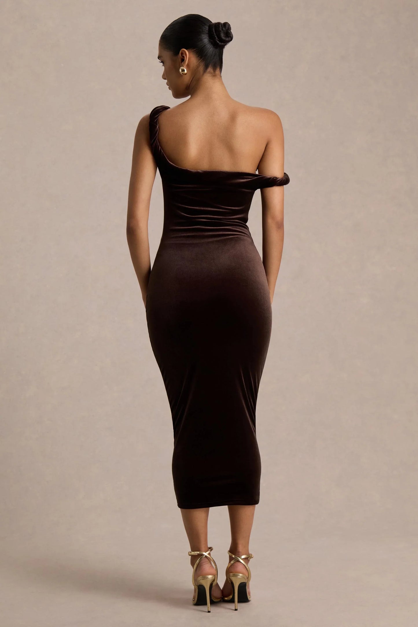 Carella Brown Velvet Twisted Asymmetric Midi Dress