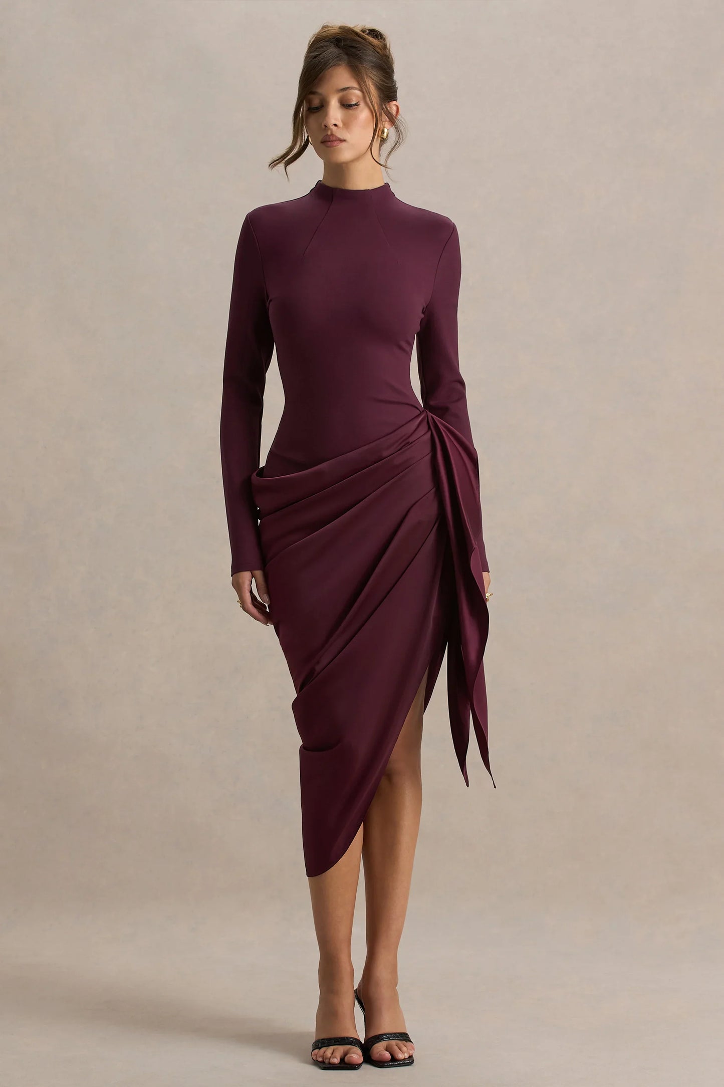 Raffie Plum Long Sleeve Midi Dress With Satin Wrap Skirt