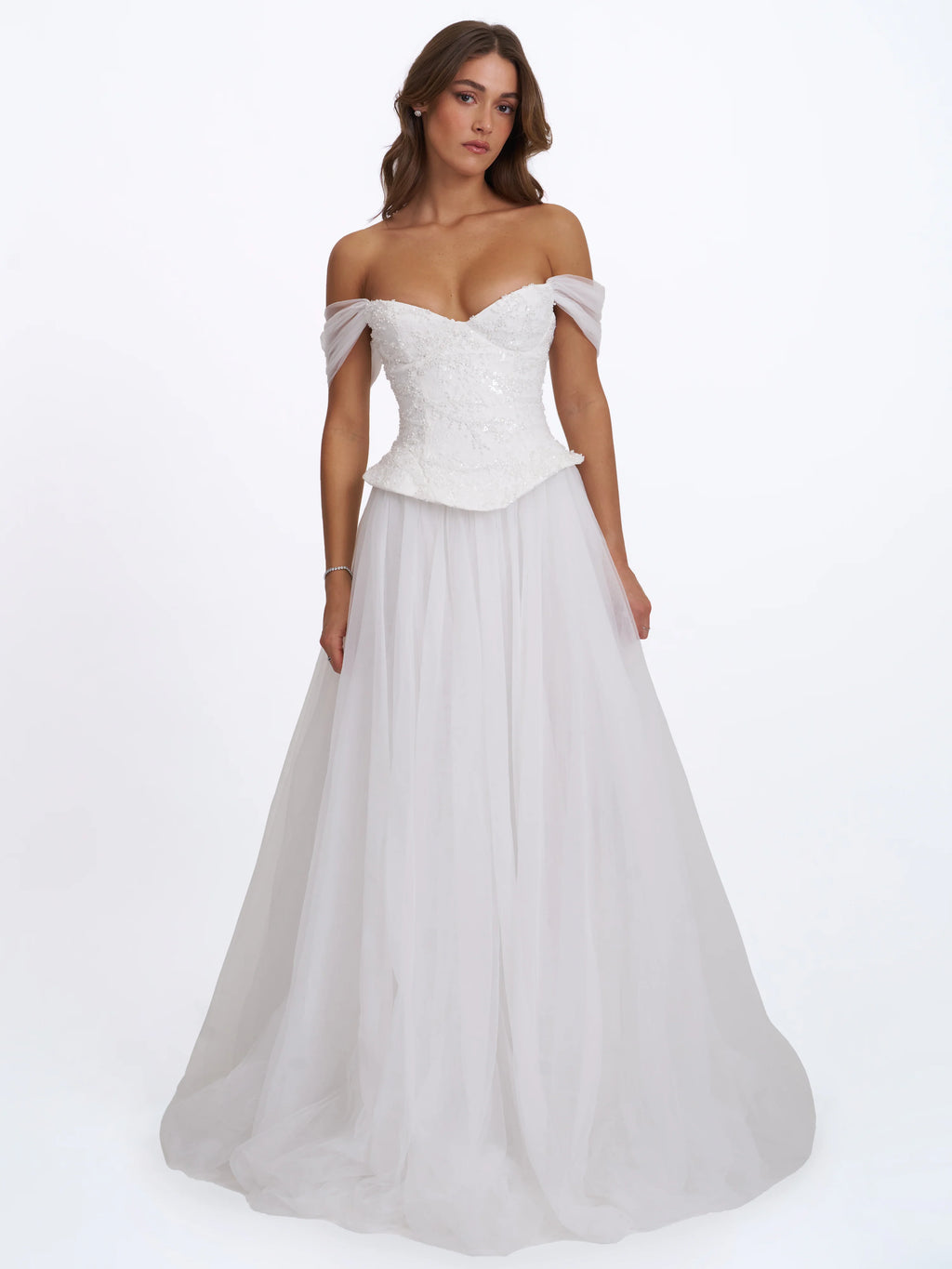 Jianna White Beaded Peplum Bardot Neckline Wedding Gown