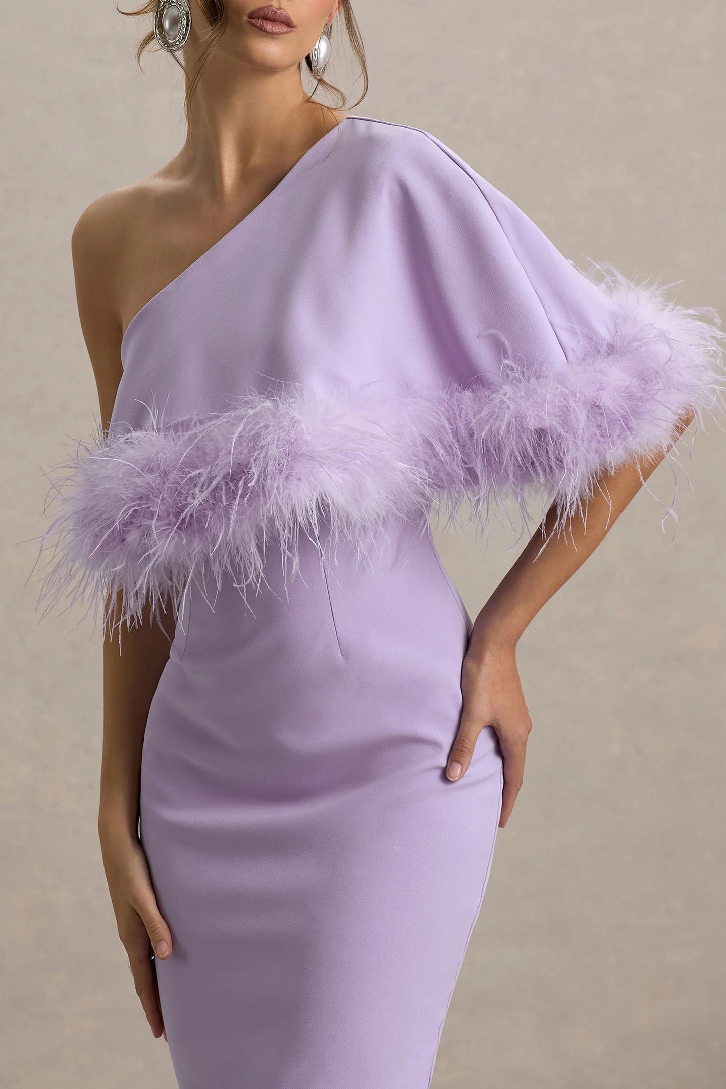 Victory Lilac One Shoulder Midi Dress With Feather Trim