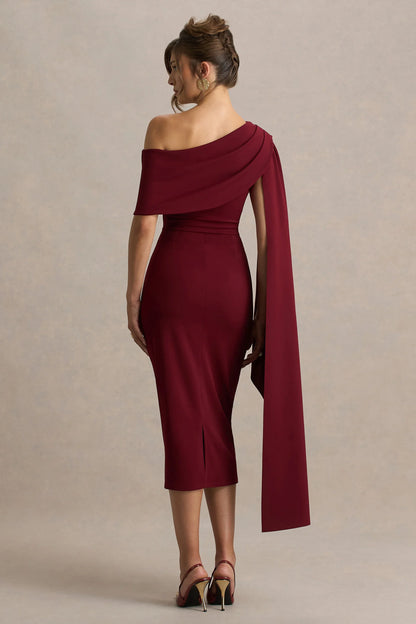 Leah Burgundy Asymmetric Neck Midi Dress With Cape Sleeve