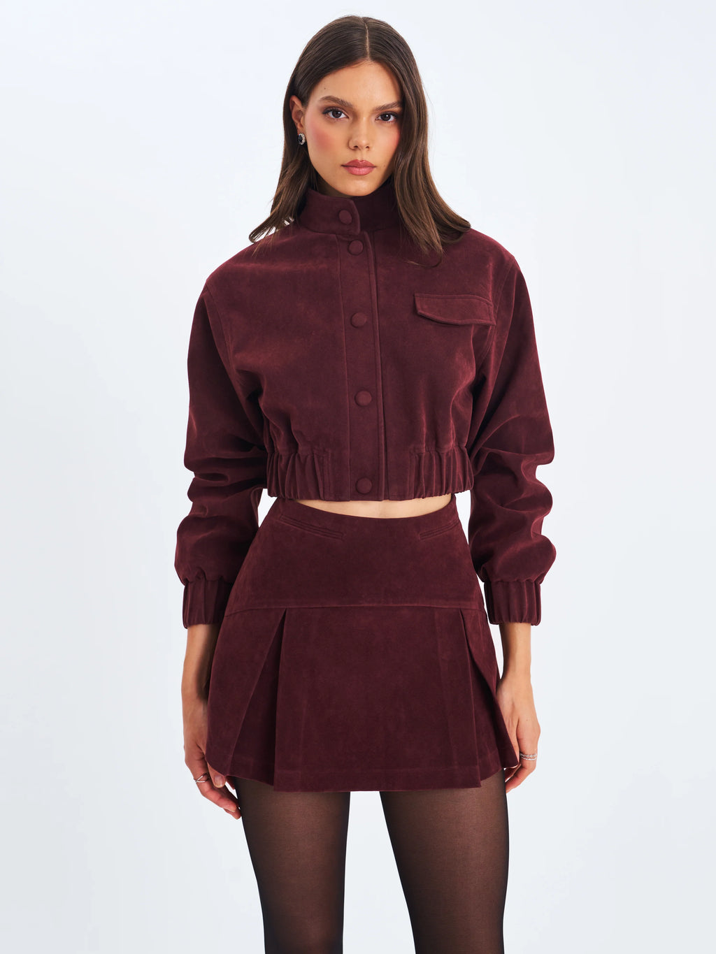 Faryn Mahogany Vegan Suede Pleated A Line Mini Skirt