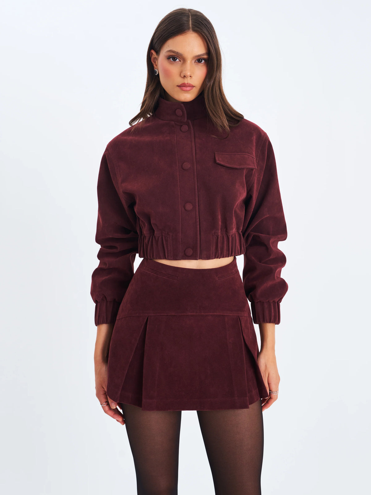 Faryn Mahogany Vegan Suede Pleated A Line Mini Skirt