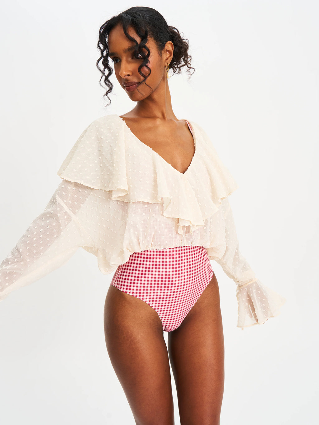 Magali Beige Dotted Mesh Ruffle V Collar Top