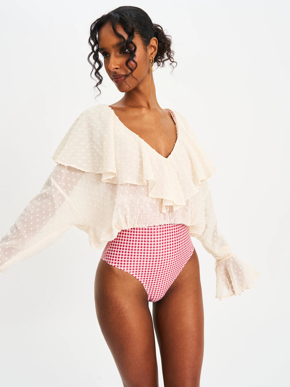 Magali Beige Dotted Mesh Ruffle V Collar Top
