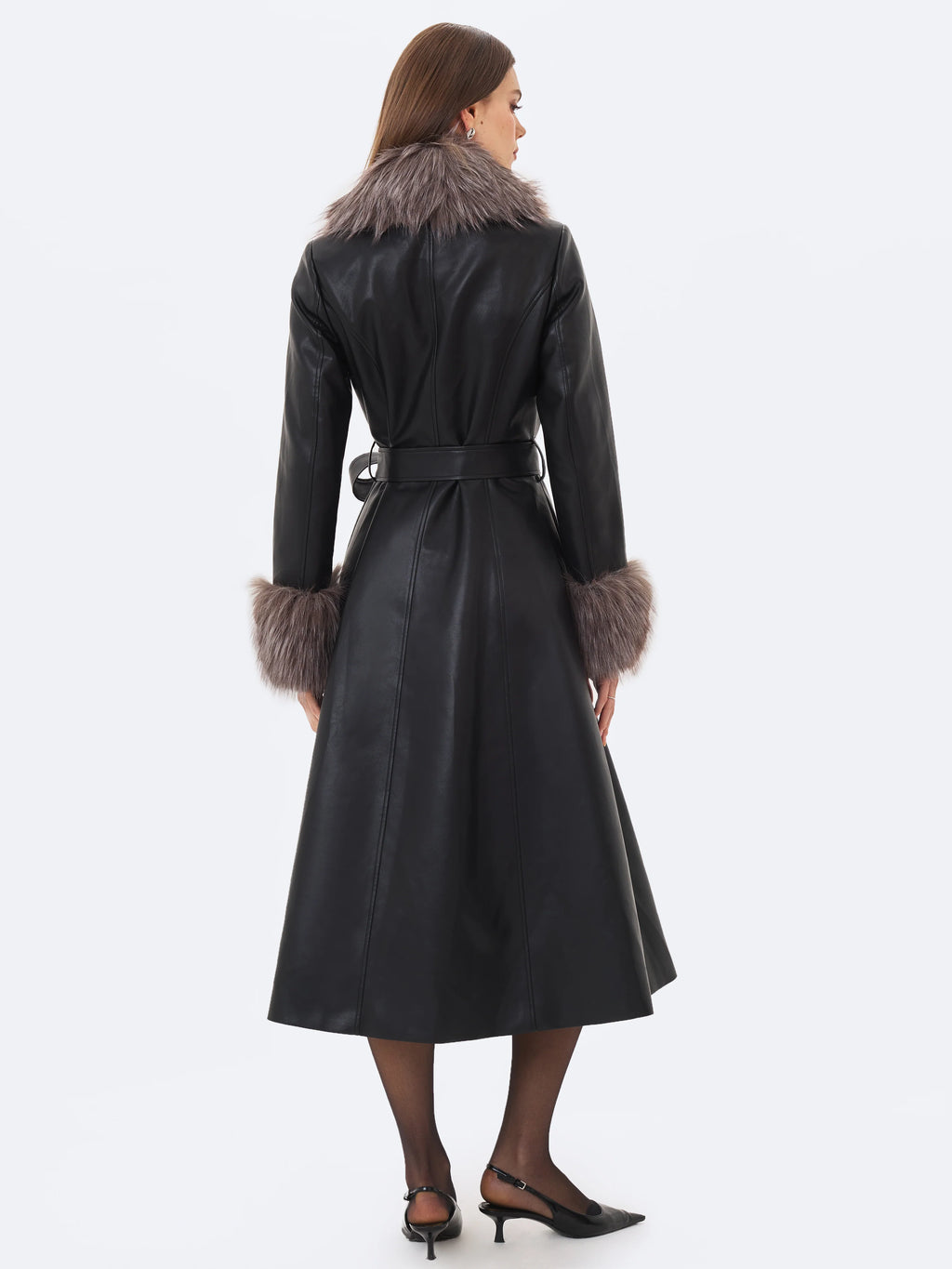 Nico Black Faux Leather Fur Trimmed Belted A Line Midi Coat