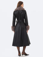 Nico Black Faux Leather Fur Trimmed Belted A Line Midi Coat