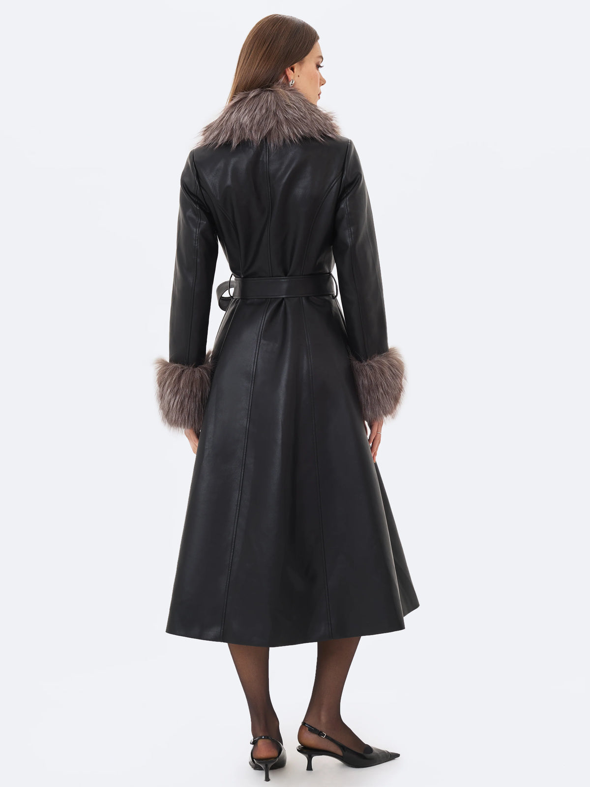 Nico Black Faux Leather Fur Trimmed Belted A Line Midi Coat