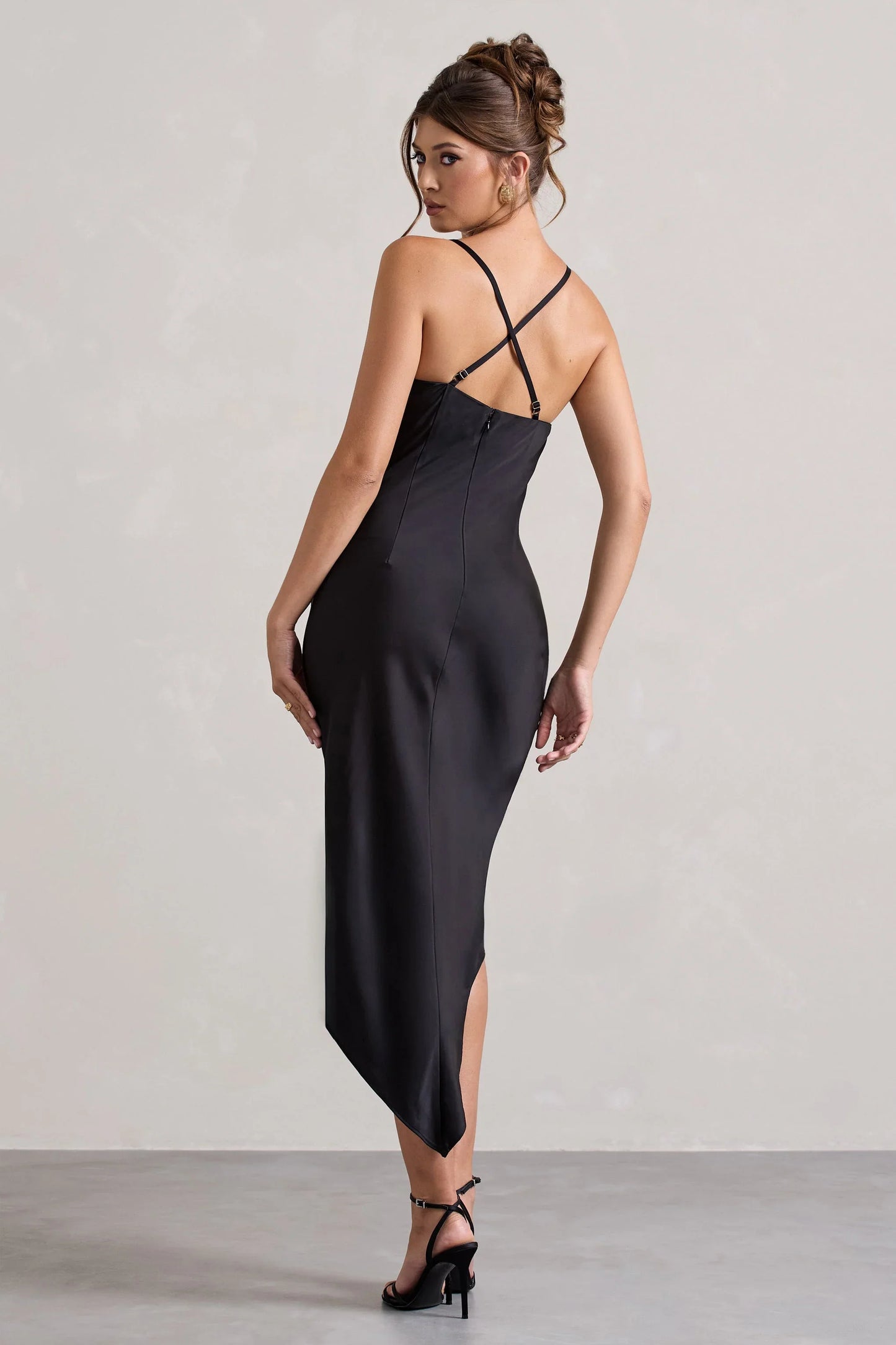 Fillie Black Satin Asymmetric Cowl Neck Midi Dress