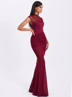 Fabienne Burgundy Mesh Cap Sleeve Mermaid Gown