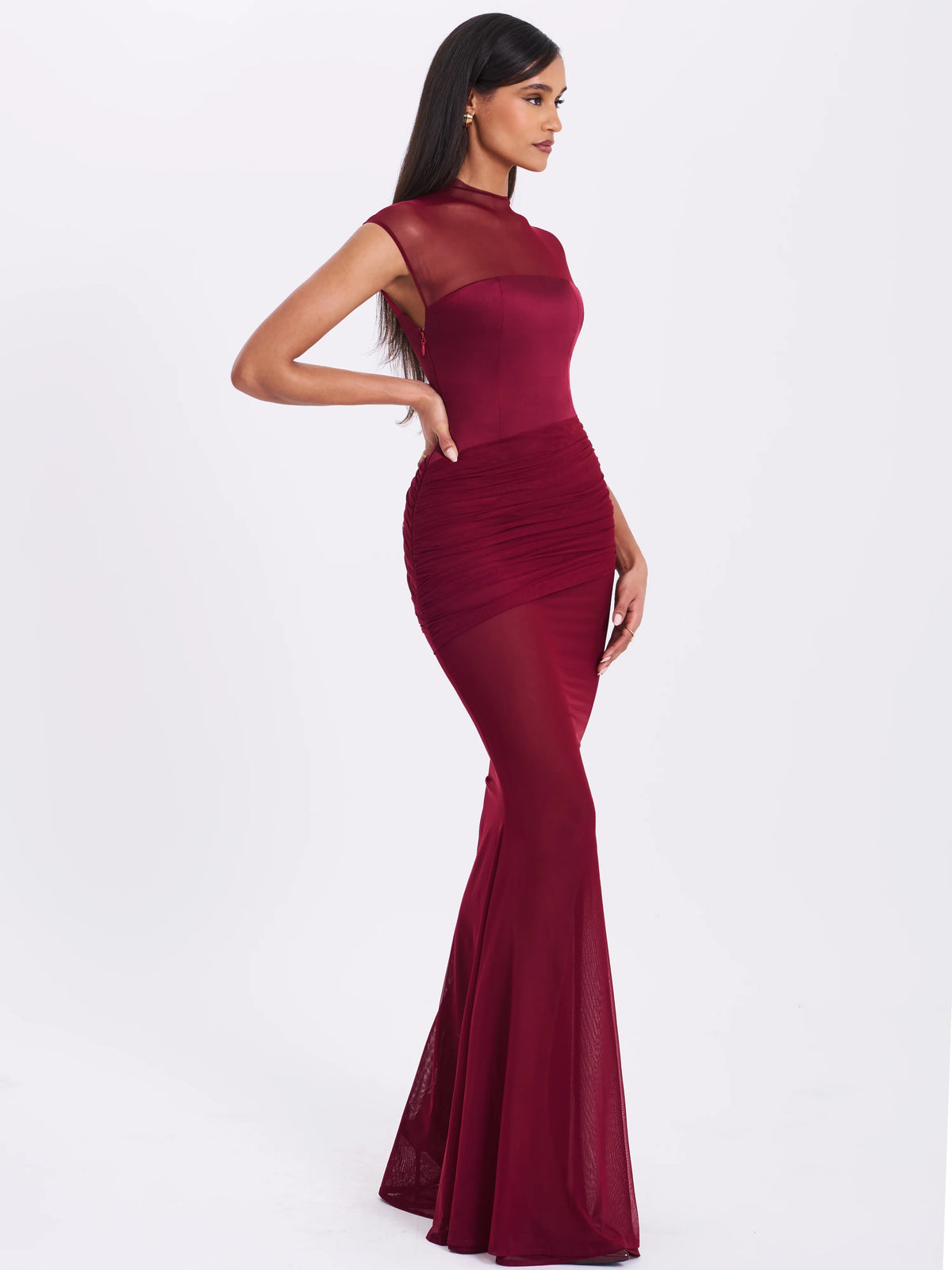 Fabienne Burgundy Mesh Cap Sleeve Mermaid Gown
