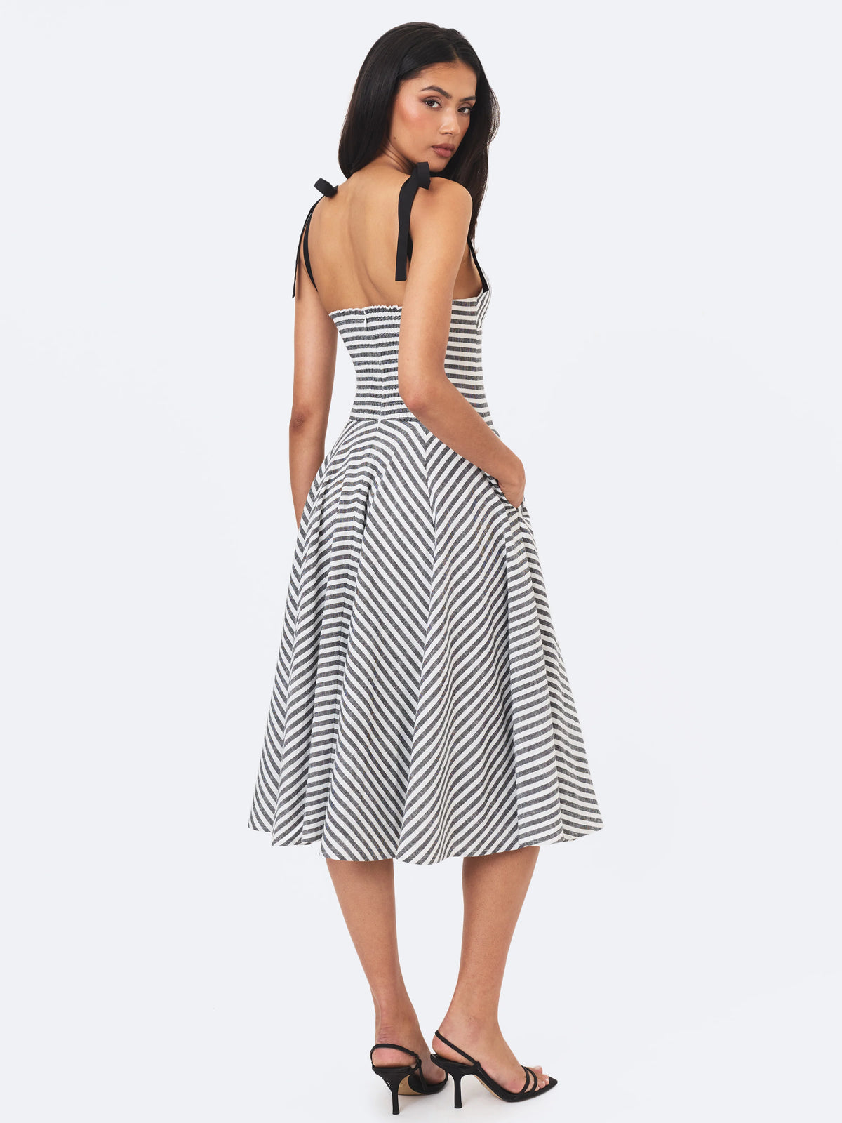 Riley Black White Striped Linen Flared Midi Dress