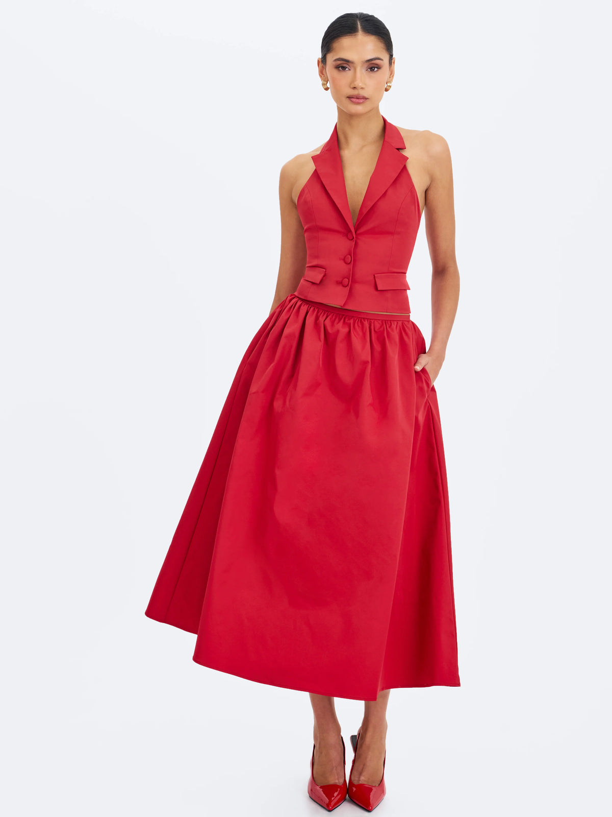 Ursella Crimson Halter Single Breasted Lapel Top