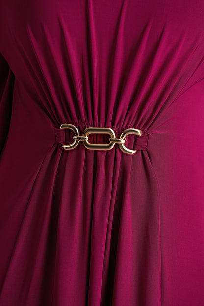 Olessia Burgundy Belted Gathered Cape Sleeve Maxi Dress