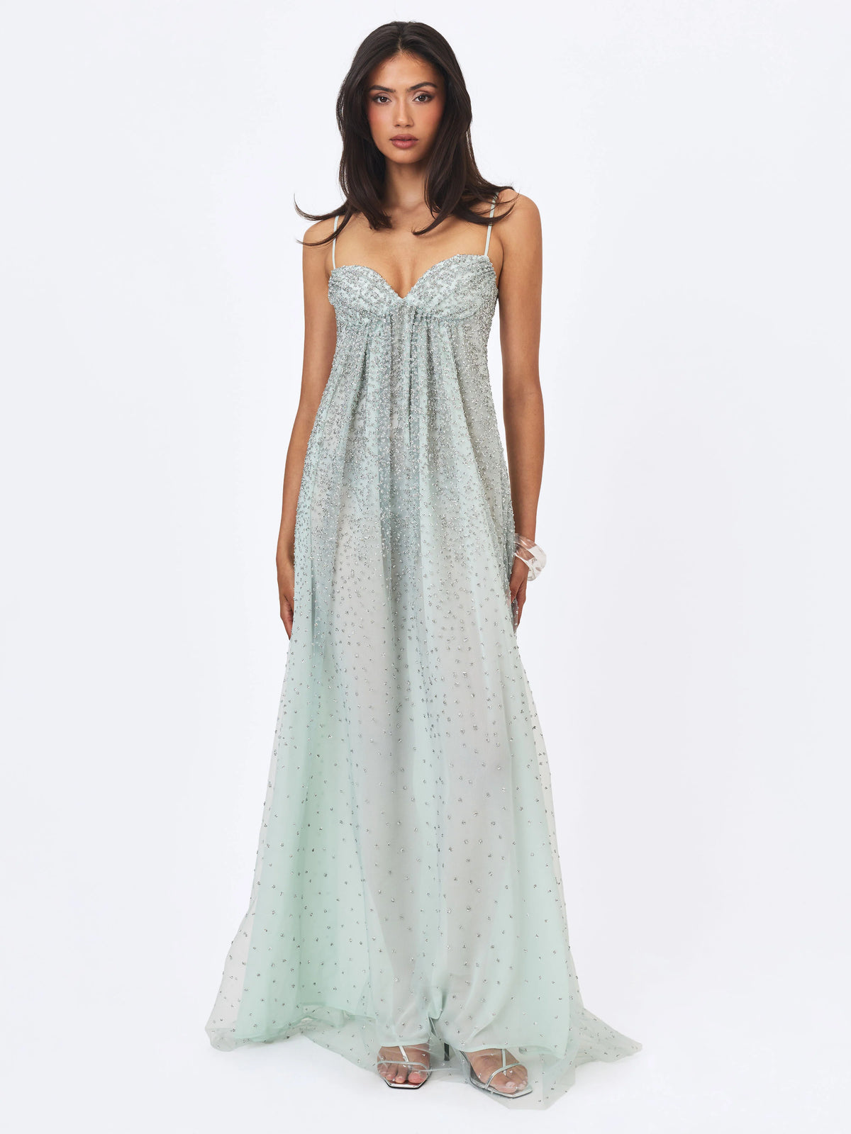 Wallie Mint Rhinestone Embellished Mesh Backless Gown