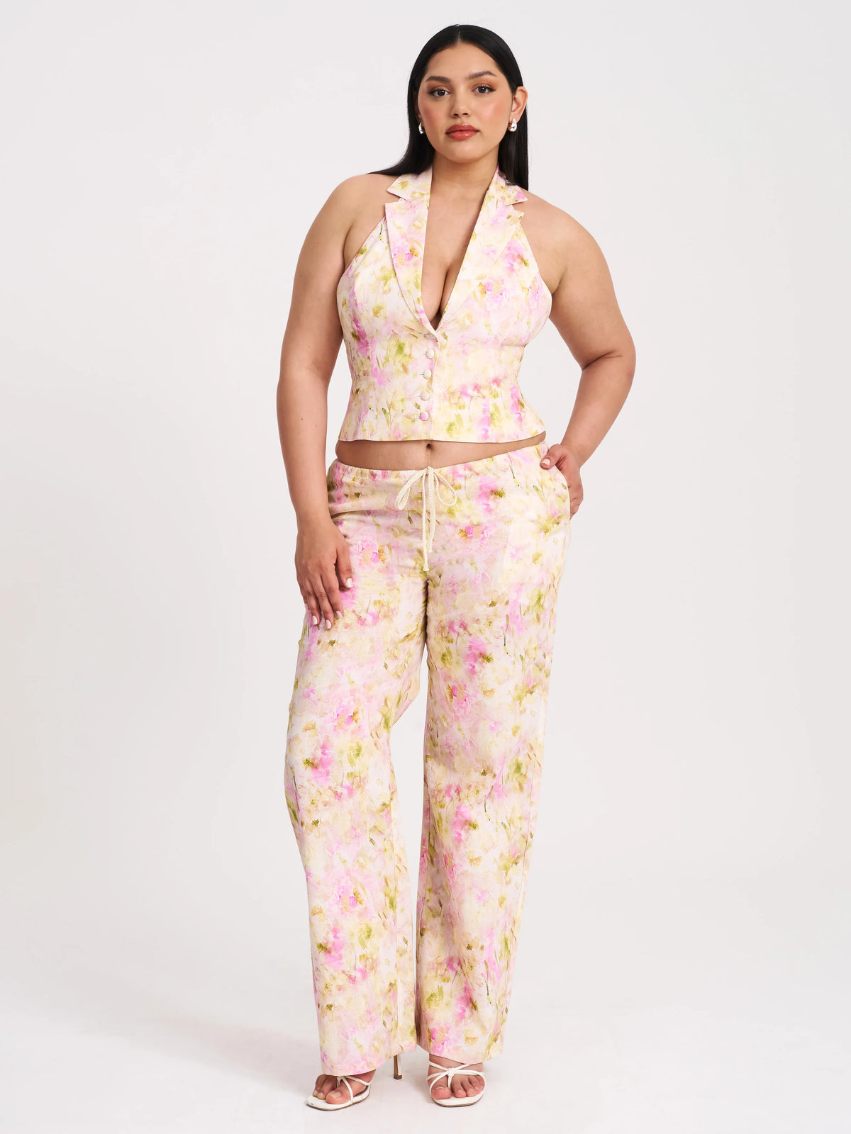 Laureen Pink Floral Print Linen Straight Pants