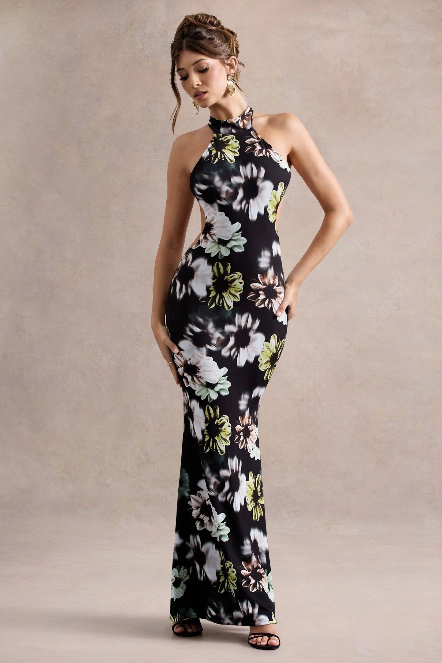Tuscany Black Floral Print Halter Neck Split Maxi Dress