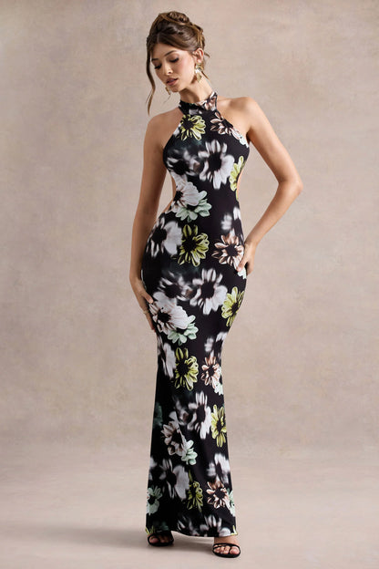 Tuscany Black Floral Print Halter Neck Split Maxi Dress