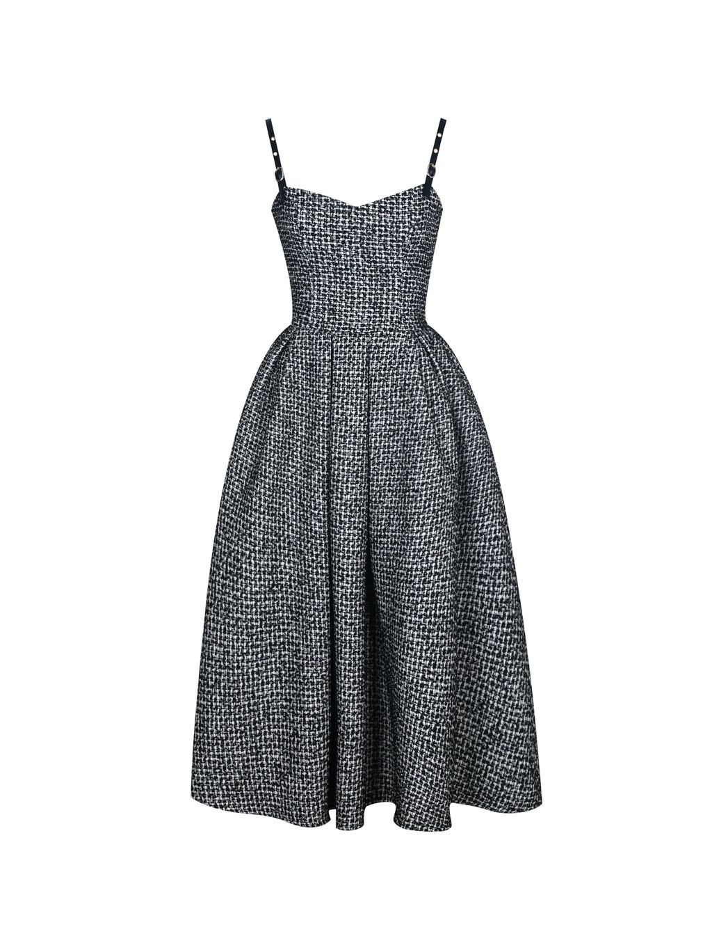 Katalina Black White Tweed Backless Midi Dress