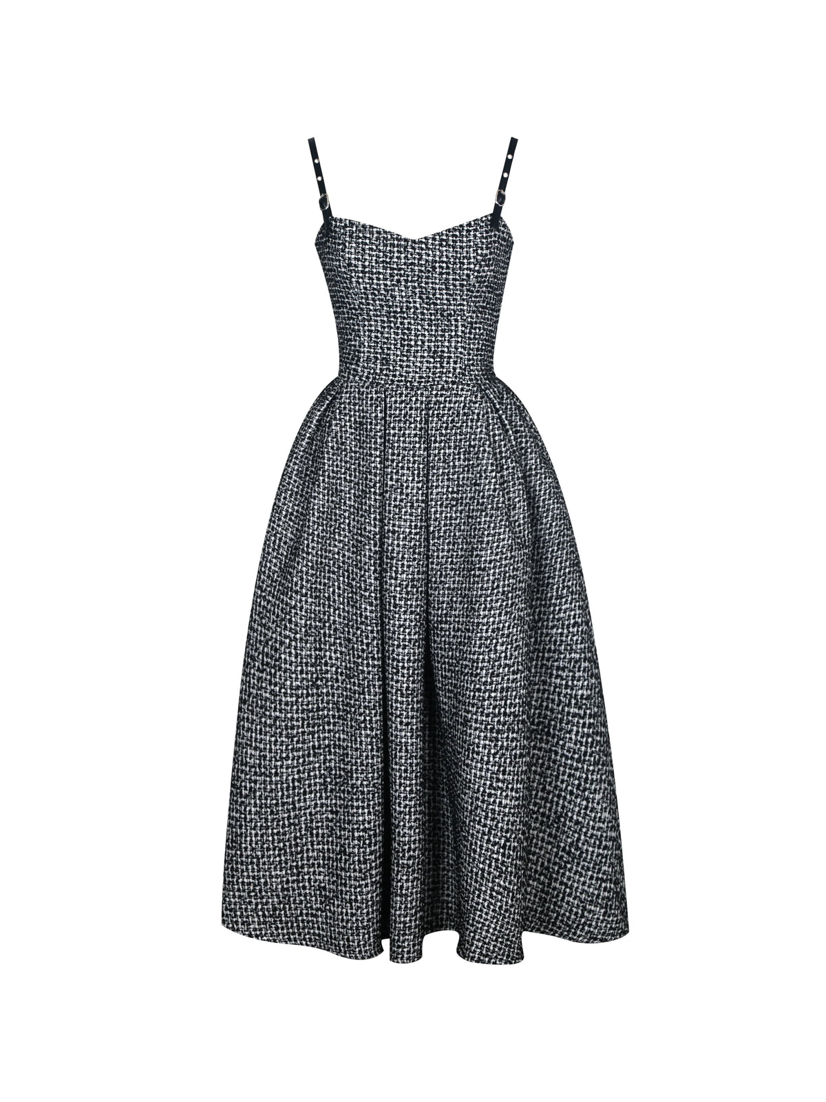 Katalina Black White Tweed Backless Midi Dress