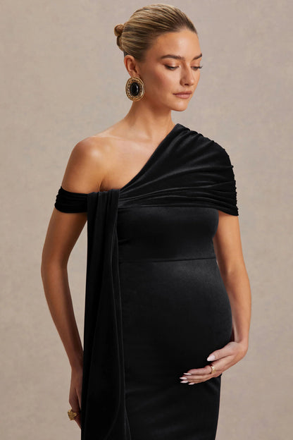 Zena Black Velvet Asymmetric Neck Maternity Midi Dress With Knot And Sash Detail